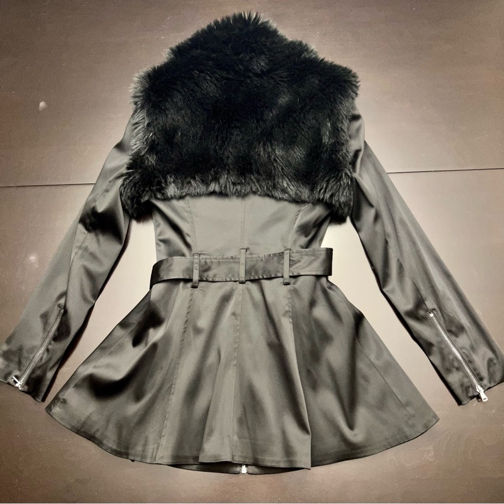 Black trench coat with faux fur shrug collar